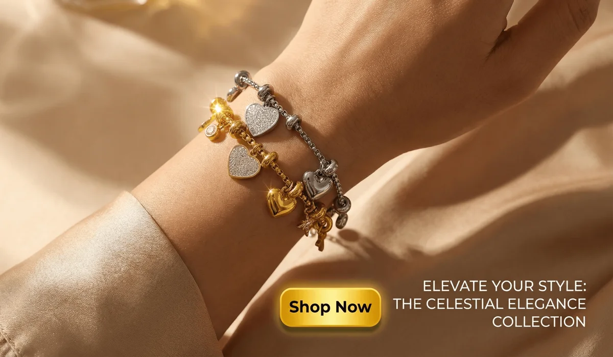 The Spiritual Meaning of Repeating Number Patterns and Angel Signs 3 - Buddha Bodhis Celestial Charm Titanium Steel Bracelet featuring handcrafted gold and silver heart charms, styled for a high-end fashion blog with a Shop Now call-to-action.