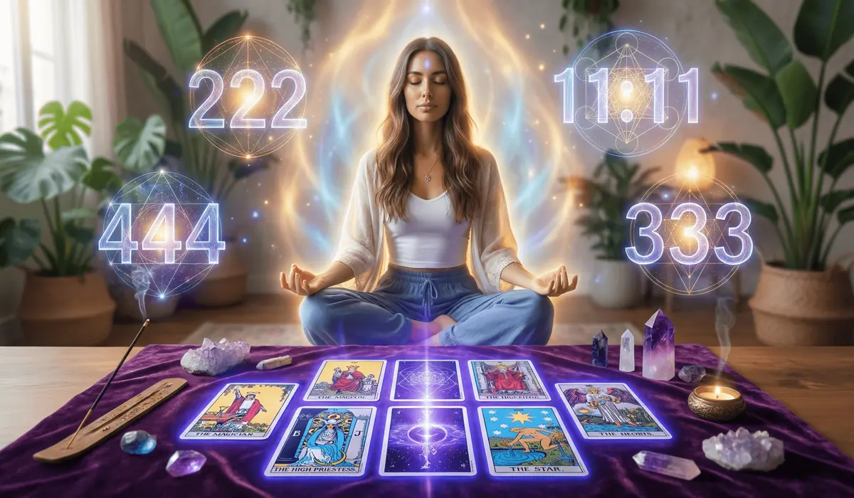 Angel Numbers vs. Tarot: Understanding the Differences in Spiritual Guidance 1 - Buddha Bodhis Digital art depicting the difference between Angel Numbers as external universal signals and Tarot as an internal psychological soul mirror.