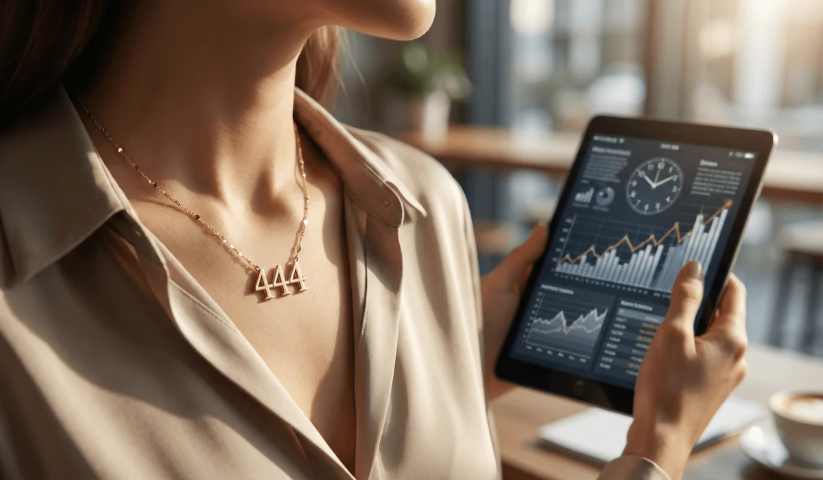 Angel Numbers vs. Tarot: Understanding the Differences in Spiritual Guidance 2 - Buddha Bodhis Close-up of a gold 444 angel number necklace worn as a spiritual talisman for protection and manifestation in the digital age.