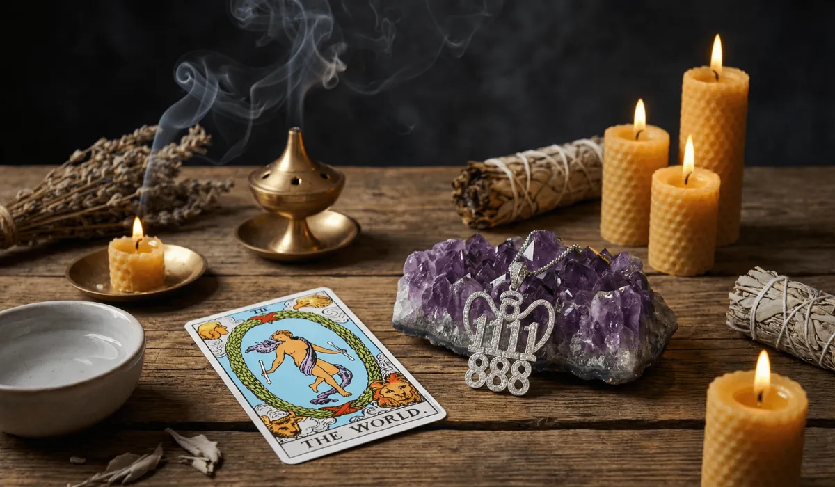 Angel Numbers vs. Tarot: Understanding the Differences in Spiritual Guidance 4 - Buddha Bodhis A spiritual ritual setup combining Tarot cards, crystals, and angel number jewelry to activate sacred frequencies and cosmic alignment.