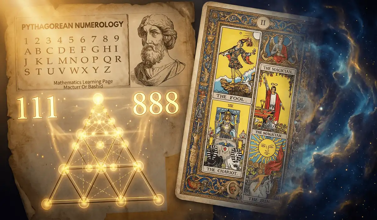 Angel Numbers vs. Tarot: Understanding the Differences in Spiritual Guidance - Buddha Bodhis A visual comparison of ancient Pythagorean numerology geometry and Renaissance Tarot card archetypes symbolizing the origins of spiritual guidance.