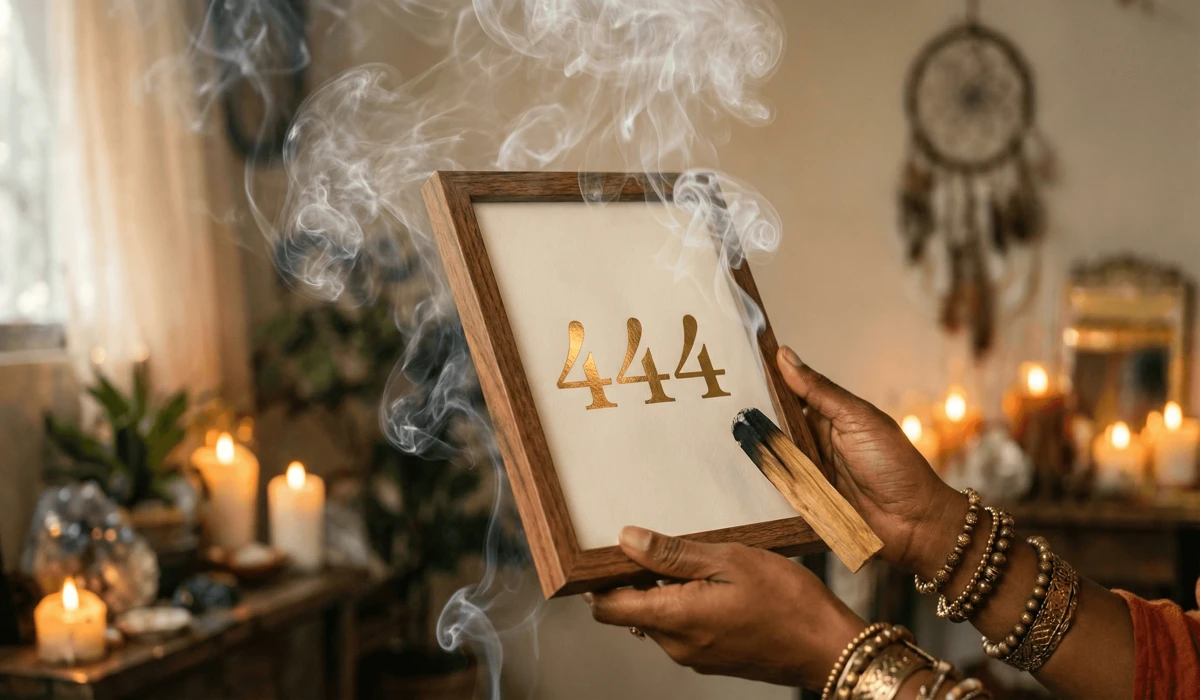 A Guide to Creating Custom Angel Number Art for Your Home 4 - Buddha Bodhis A person cleansing and activating custom angel number 444 art with Palo Santo smoke.