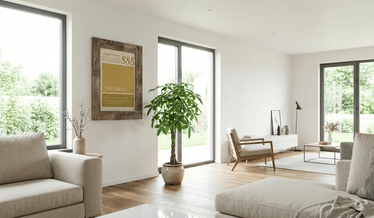 A Guide to Creating Custom Angel Number Art for Your Home 2 - Buddha Bodhis Angel number 888 manifestation art displayed in a Southeast Feng Shui wealth corner of a living room.