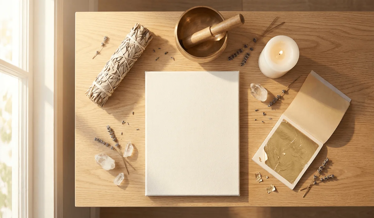 A Guide to Creating Custom Angel Number Art for Your Home - Buddha Bodhis Essential tools for creating angel number art including a canvas, sage, and singing bowl on a wooden desk.