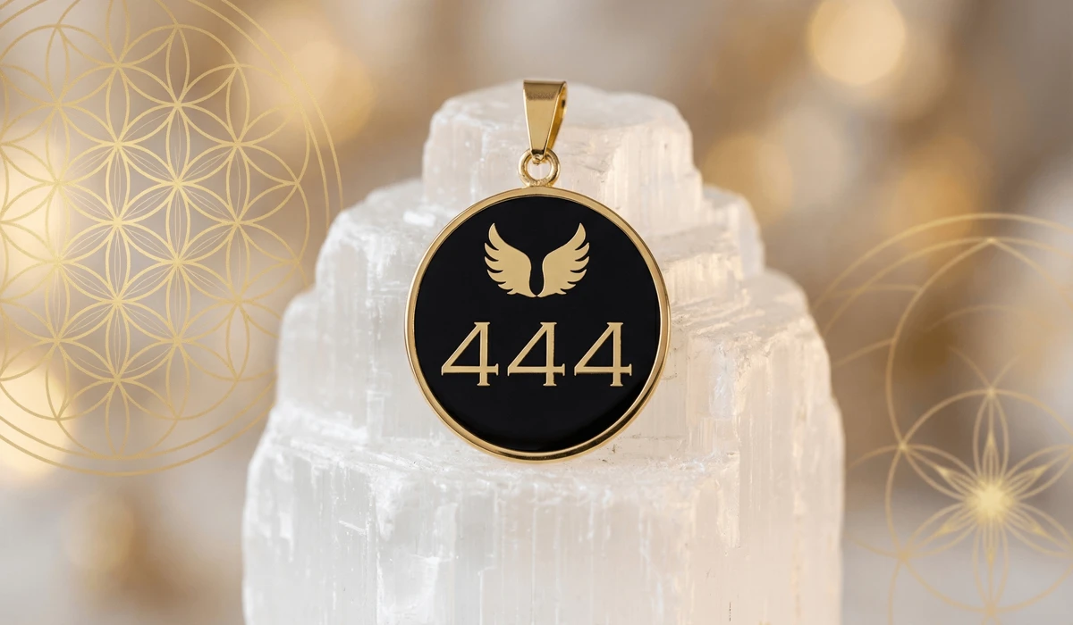 Limited Edition Angel Number Jewelry & Talisman Collection - Buddha Bodhis A 14K gold 444 angel number protection necklace resting on a selenite charging plate, symbolizing divine guidance and spiritual safety.