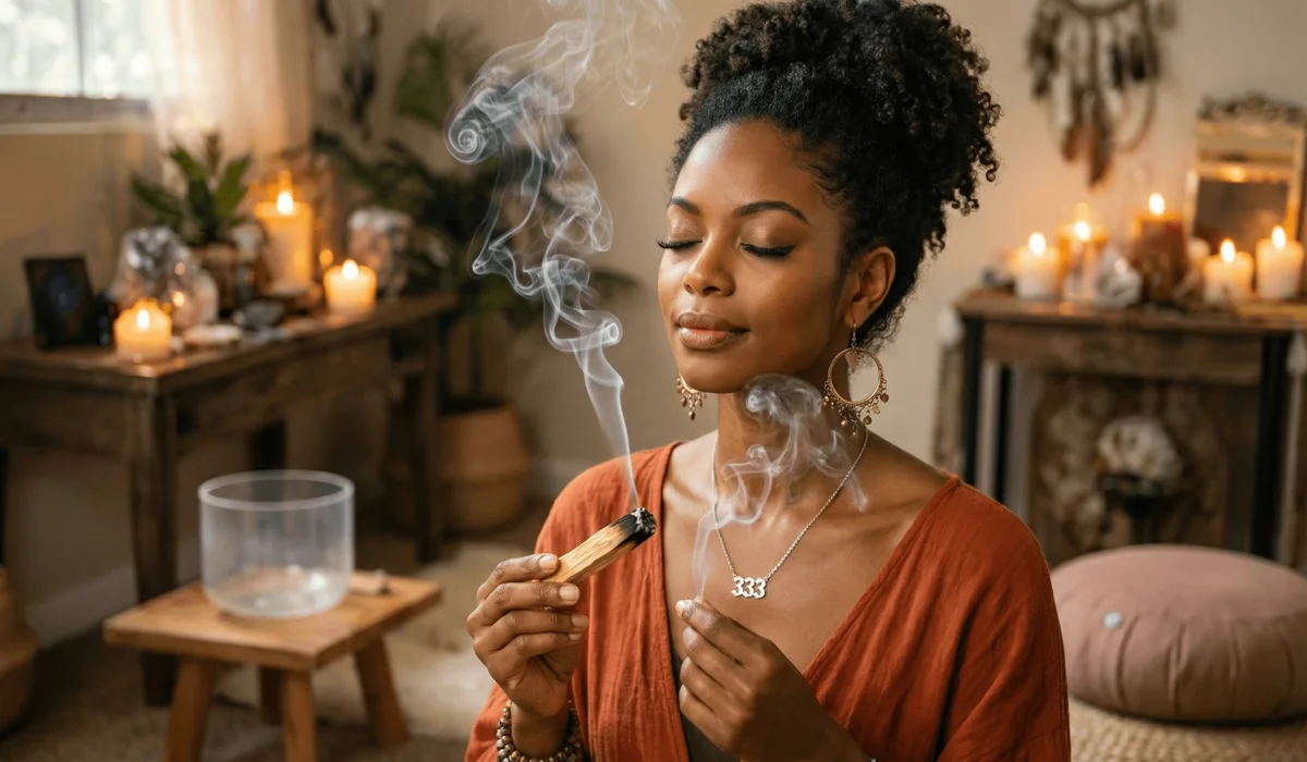 Limited Edition Angel Number Jewelry & Talisman Collection 4 - Buddha Bodhis Cleansing a 333 manifestation necklace with Palo Santo smoke to reset its vibrational energy and spiritual intention.