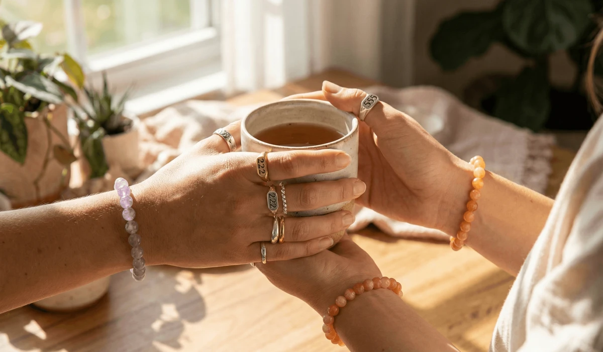 Limited Edition Angel Number Jewelry & Talisman Collection 2 - Buddha Bodhis A woman wearing angel number rings on both hands to balance receiving and manifesting energy according to spiritual traditions.