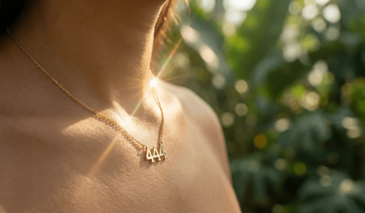 The Meaning of Angel Numbers: Why They’re Trending and How to Interpret the Signs 3 - Buddha Bodhis Close-up of a minimalist gold 444 angel number necklace worn as a protective talisman for spiritual grounding and stability.