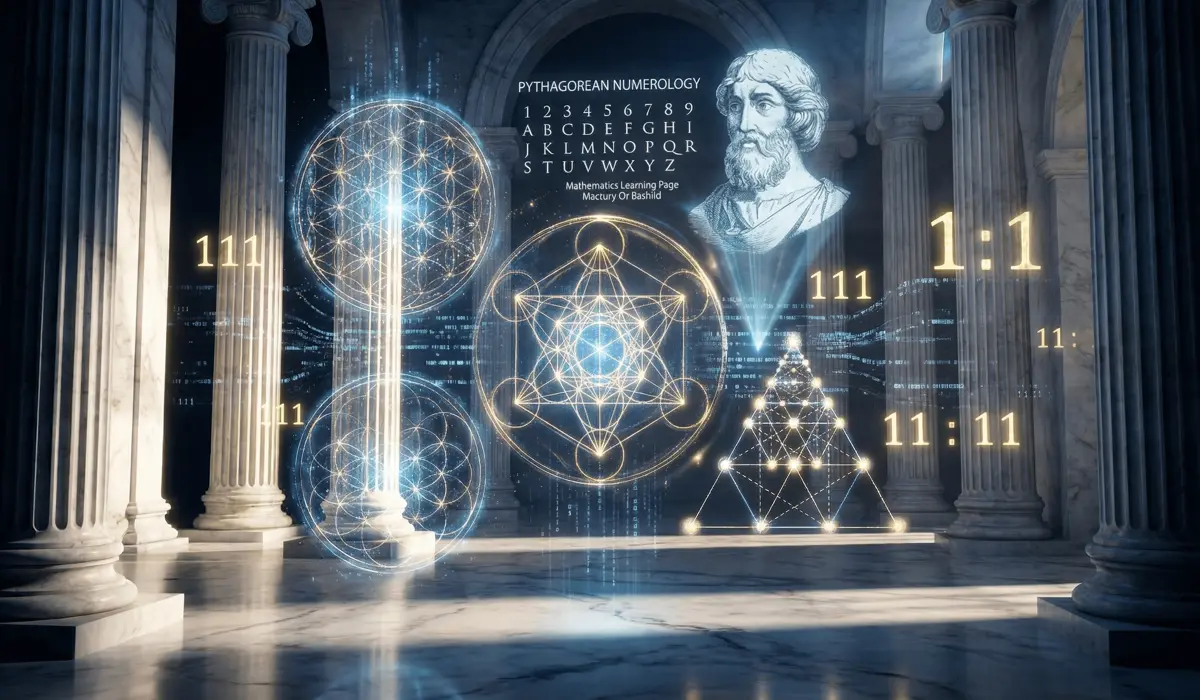 The Meaning of Angel Numbers: Why They’re Trending and How to Interpret the Signs - Buddha Bodhis Ancient Greek architecture merged with digital angel numbers 11:11 and sacred geometry, illustrating the history of numerology from Pythagoras to the modern era.