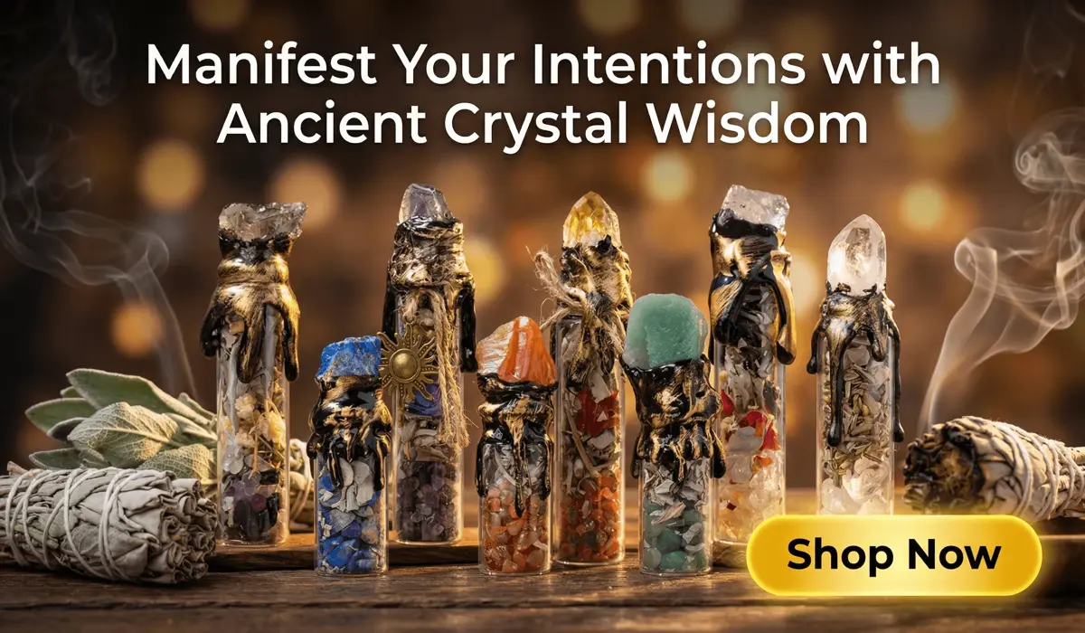 The Meaning of Angel Numbers: Why They’re Trending and How to Interpret the Signs 2 - Buddha Bodhis Handcrafted natural crystal spell jars for energy manifestation and healing on a mystical wooden altar with a Shop Now button.