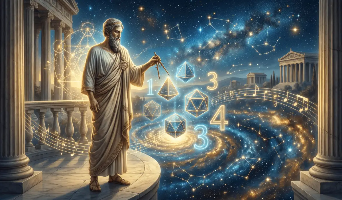 Is It a Coincidence or an Angel Number? How to Tell if Your Signs Are Real - Buddha Bodhis Pythagoras observing glowing geometric angel numbers in the cosmos, representing the ancient origins of numerology.