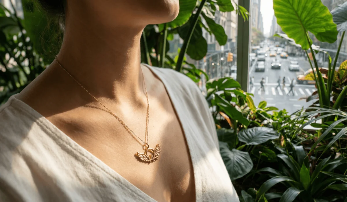 Is It a Coincidence or an Angel Number? How to Tell if Your Signs Are Real 2 - Buddha Bodhis A person wearing a gold 444 angel number necklace as a mindfulness tool for spiritual alignment.