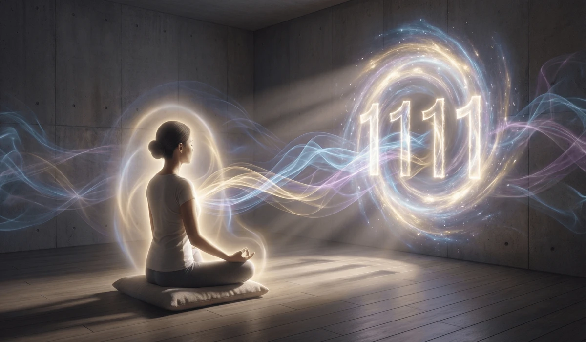 Is It a Coincidence or an Angel Number? How to Tell if Your Signs Are Real 4 - Buddha Bodhis A person meditating before a glowing 1111 gateway, symbolizing spiritual discernment and cosmic communication.