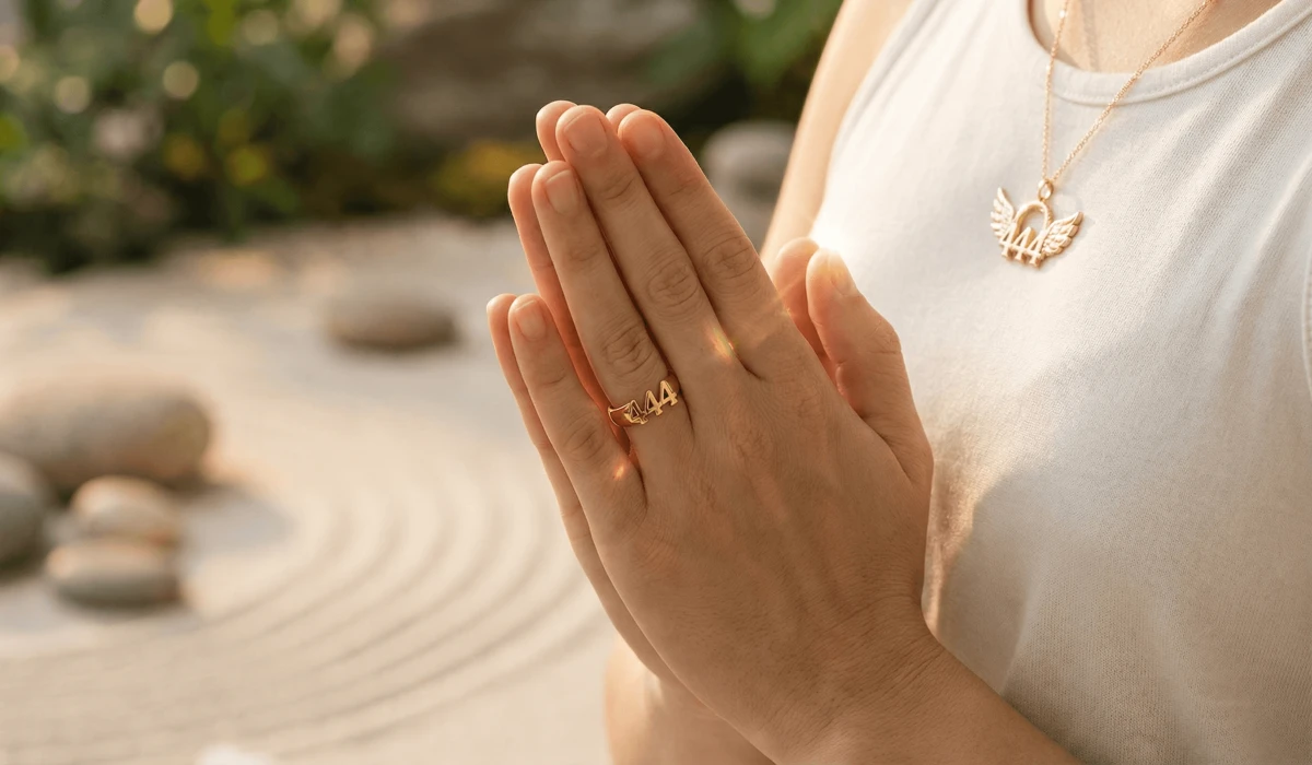 Comparing Angel Number Interpretations: Joanne Sacred Scribes vs. Angel Therapy 3 - Buddha Bodhis Close-up of elegant 444 angel number jewelry serving as a spiritual mindfulness anchor.