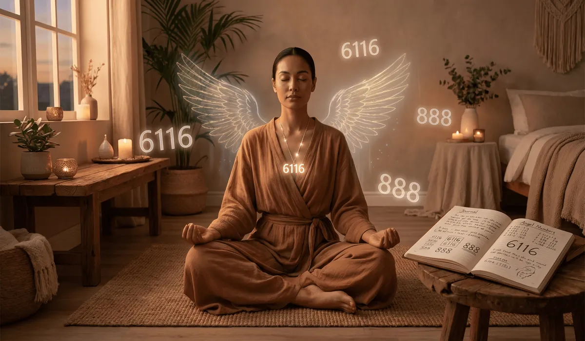 Comparing Angel Number Interpretations: Joanne Sacred Scribes vs. Angel Therapy 4 - Buddha Bodhis A practitioner meditating with angel number jewelry and channeled journaling for spiritual alignment.