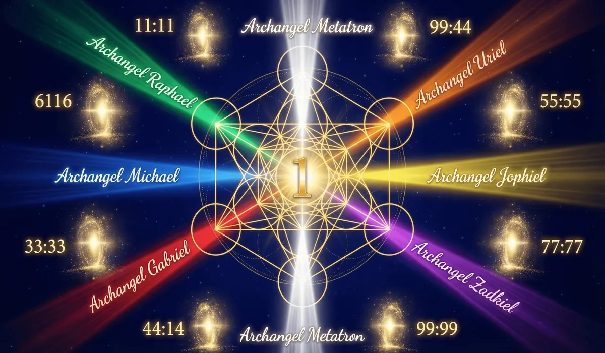 Comparing Angel Number Interpretations: Joanne Sacred Scribes vs. Angel Therapy 1 - Buddha Bodhis Sacred geometry and Archangelic light beams representing the vibrational resonance of angel numbers.