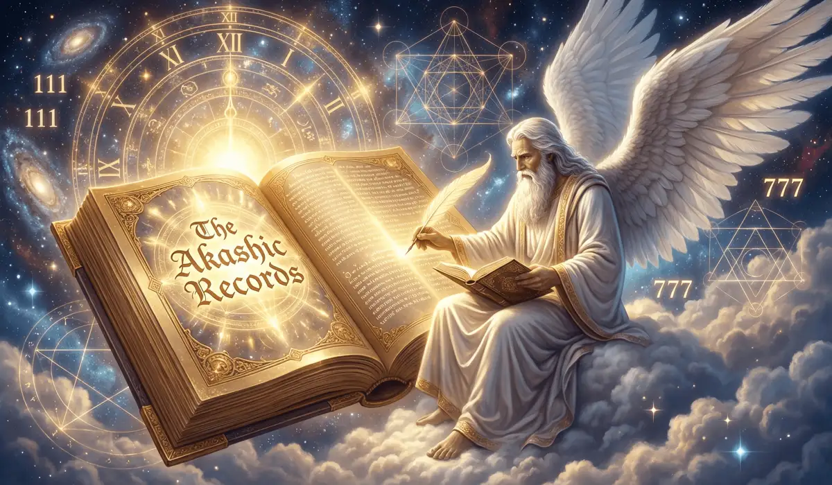 Comparing Angel Number Interpretations: Joanne Sacred Scribes vs. Angel Therapy - Buddha Bodhis An ethereal scribe angel recording cosmic events in the Akashic Records surrounded by glowing angel numbers.