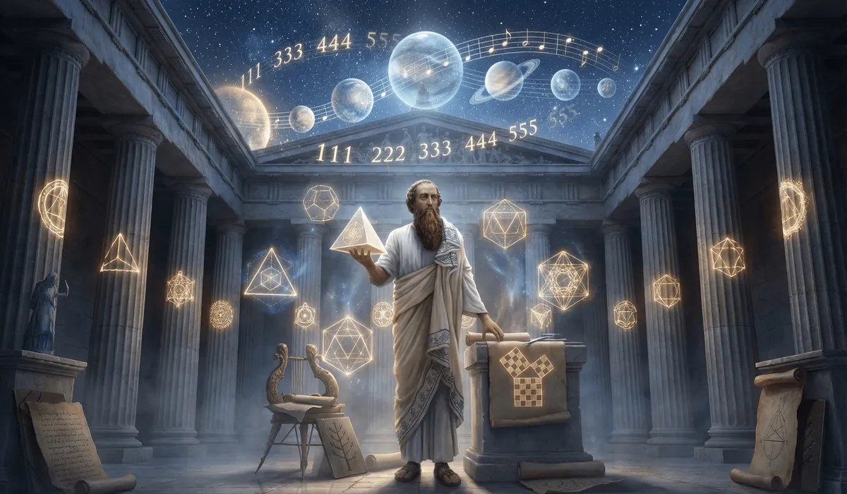 The Ancient Origins and Spiritual Meanings of Angel Numbers - Buddha Bodhis Ancient Greek philosopher Pythagoras surrounded by sacred geometry and glowing angel numbers in a celestial sky, representing the origin of numerical wisdom.