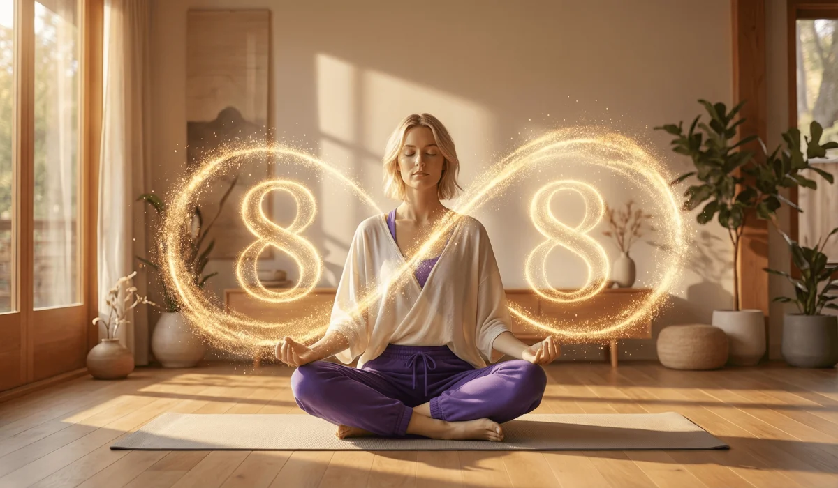 The Ancient Origins and Spiritual Meanings of Angel Numbers 2 - Buddha Bodhis A woman meditating with a holographic 888 infinity symbol, representing an abundance ritual and breathwork alignment with angel numbers.