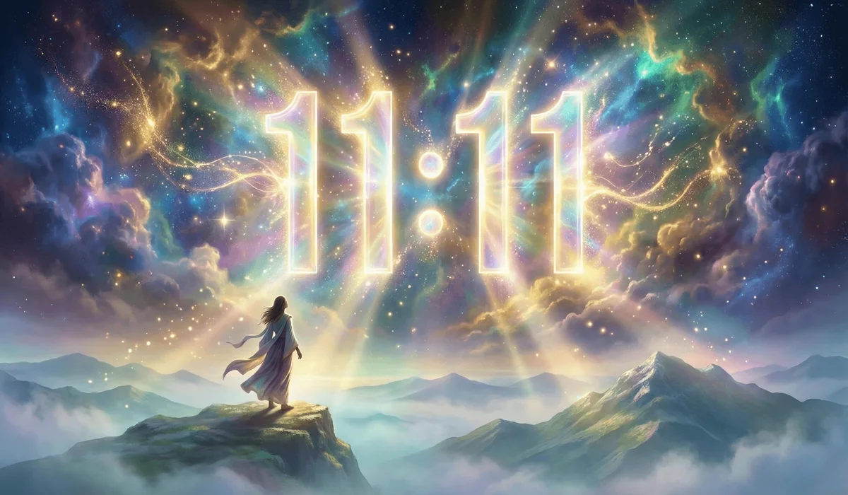The Ancient Origins and Spiritual Meanings of Angel Numbers 1 - Buddha Bodhis A spiritual seeker standing before a glowing 11:11 portal in a cosmic sky, symbolizing a gateway to spiritual awakening and divine alignment.