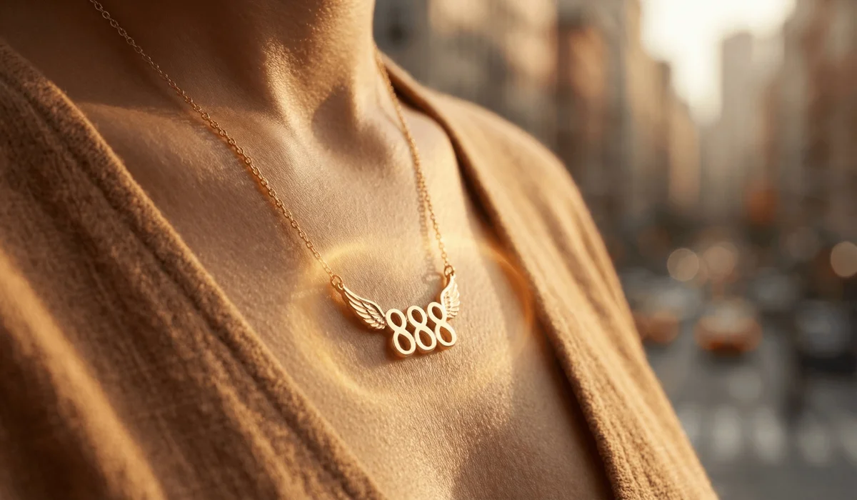 The Ancient Origins and Spiritual Meanings of Angel Numbers 4 - Buddha Bodhis Close-up of a gold 888 angel number necklace being worn, symbolizing a physical talisman for abundance and grounding in a digital world.