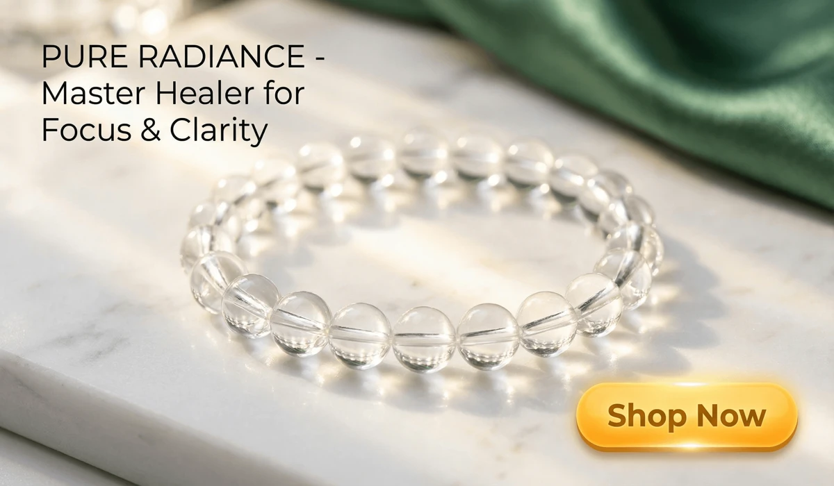 The Ancient Origins and Spiritual Meanings of Angel Numbers 3 - Buddha Bodhis Natural Clear Quartz Bracelet on marble background with Shop Now button, Master Healer beads for focus and aura cleansing