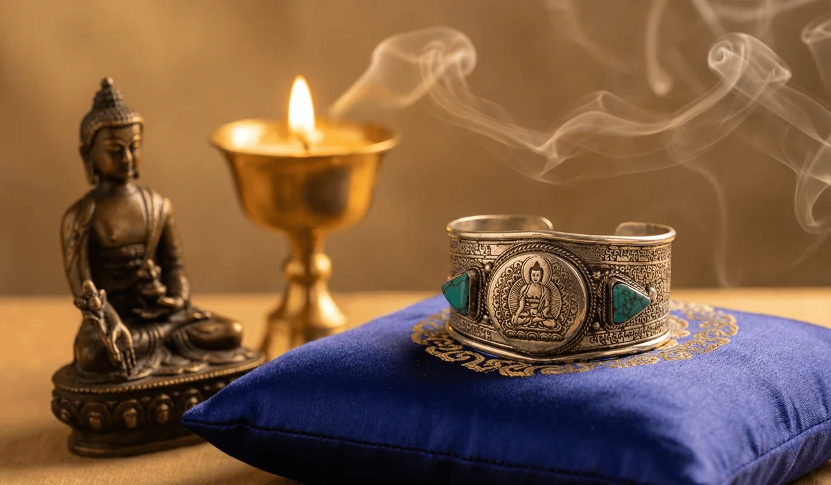 The Spiritual Significance and Cultural Meaning of Tibetan Turquoise Bracelets 1 - Buddha Bodhis Tibetan turquoise bracelet on a meditation cushion with a Medicine Buddha statue and incense smoke symbolizing Buddhist spiritual wisdom.