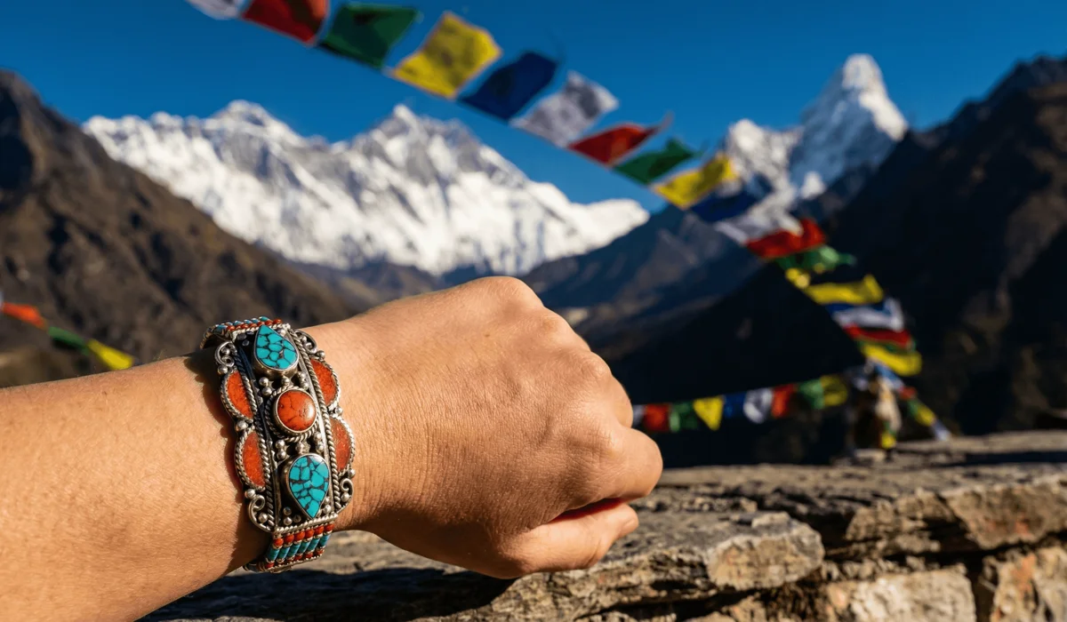 The Spiritual Significance and Cultural Meaning of Tibetan Turquoise Bracelets 3 - Buddha Bodhis A Tibetan cuff bracelet featuring turquoise and red coral worn against a background of the Himalayan mountains and prayer flags.