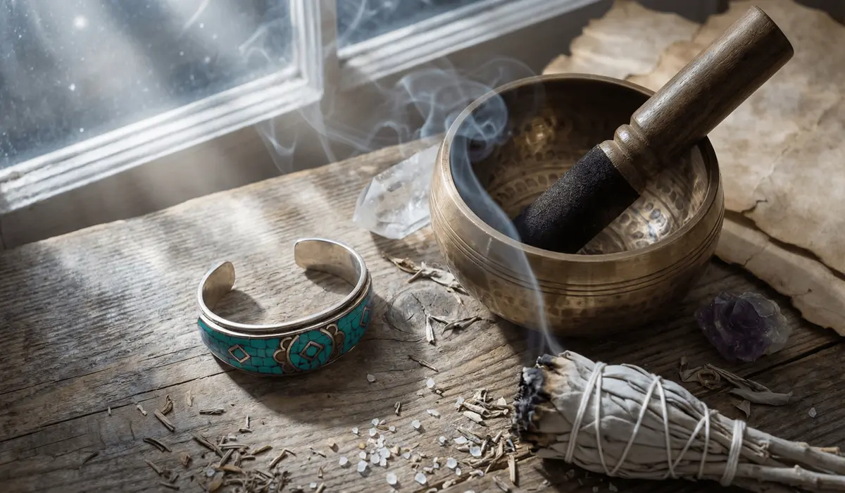 The Spiritual Significance and Cultural Meaning of Tibetan Turquoise Bracelets 5 - Buddha Bodhis A cleansing ritual for a Tibetan turquoise bracelet using a singing bowl and sage smoke under moonlight.