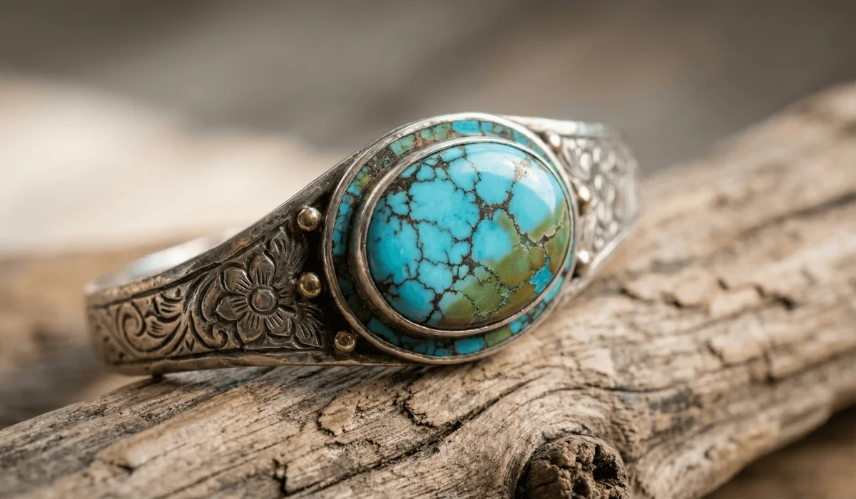The Spiritual Significance and Cultural Meaning of Tibetan Turquoise Bracelets - Buddha Bodhis Close-up of a handcrafted Tibetan silver bracelet with turquoise inlays showing natural stone textures and intricate craftsmanship.