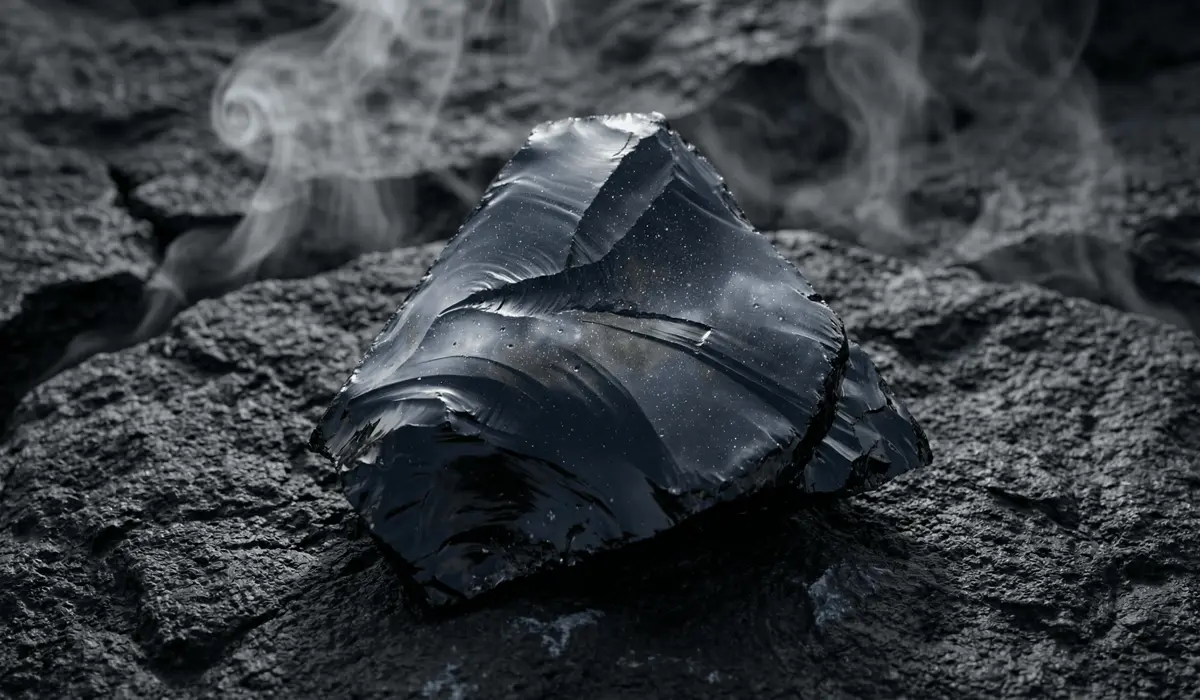 The Spiritual Meaning of Black Obsidian: How to Use the Shield of Light for Protection - Buddha Bodhis A close-up of a raw Black Obsidian stone showing its characteristic glassy texture and sharp edges, representing its volcanic origin as a truth-seeking stone.