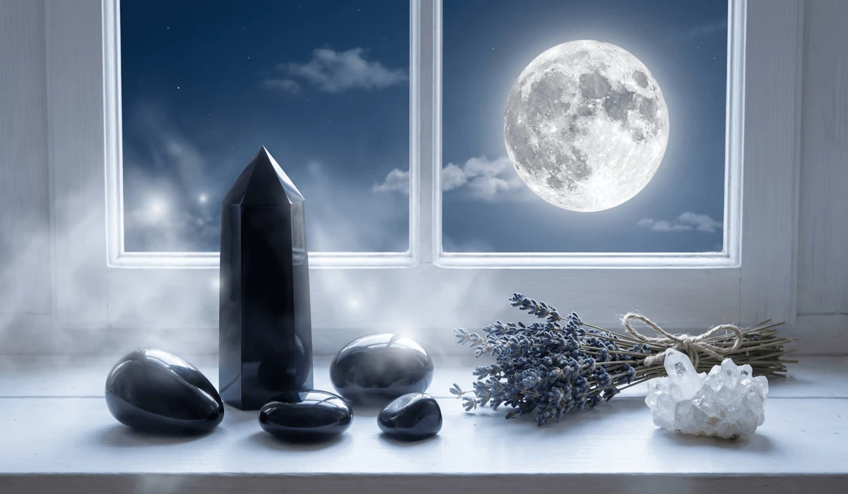 The Spiritual Meaning of Black Obsidian: How to Use the Shield of Light for Protection 4 - Buddha Bodhis Black Obsidian crystals being charged under the light of a Full Moon on a windowsill to replenish their protective and grounding spiritual properties.