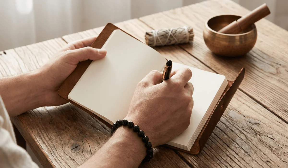 The Spiritual Meaning of Black Obsidian: How to Use the Shield of Light for Protection 2 - Buddha Bodhis A person wearing a Black Obsidian bracelet while journaling, illustrating how the stone is used for mindfulness, grounding, and personal growth.
