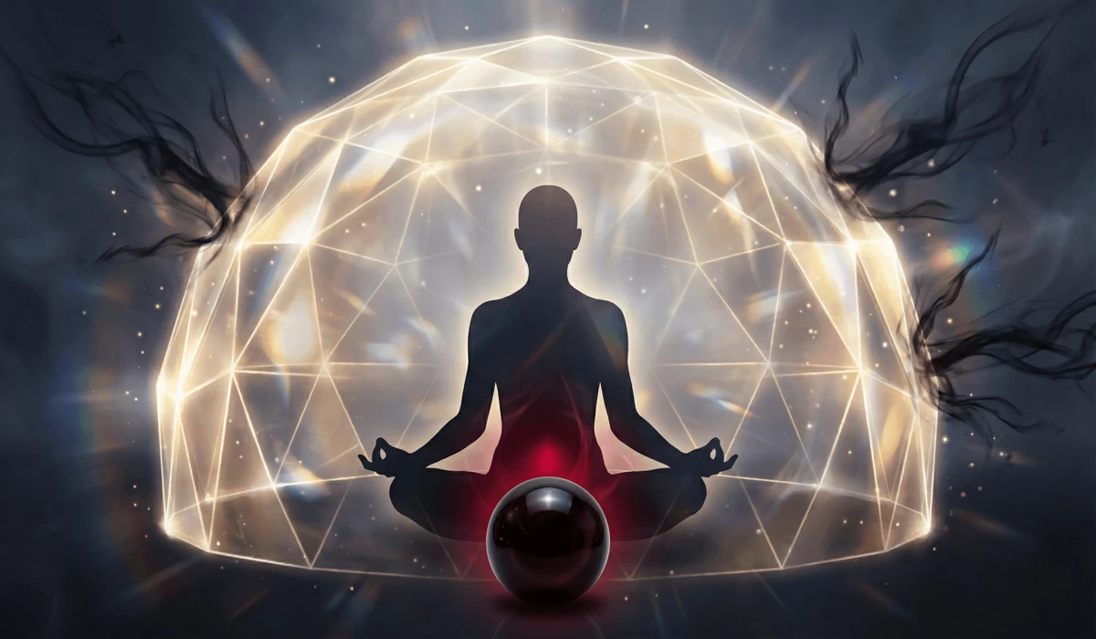 The Spiritual Meaning of Black Obsidian: How to Use the Shield of Light for Protection 1 - Buddha Bodhis An artistic representation of Black Obsidian acting as a 'Shield of Light' to provide spiritual protection and auric integrity for the wearer.