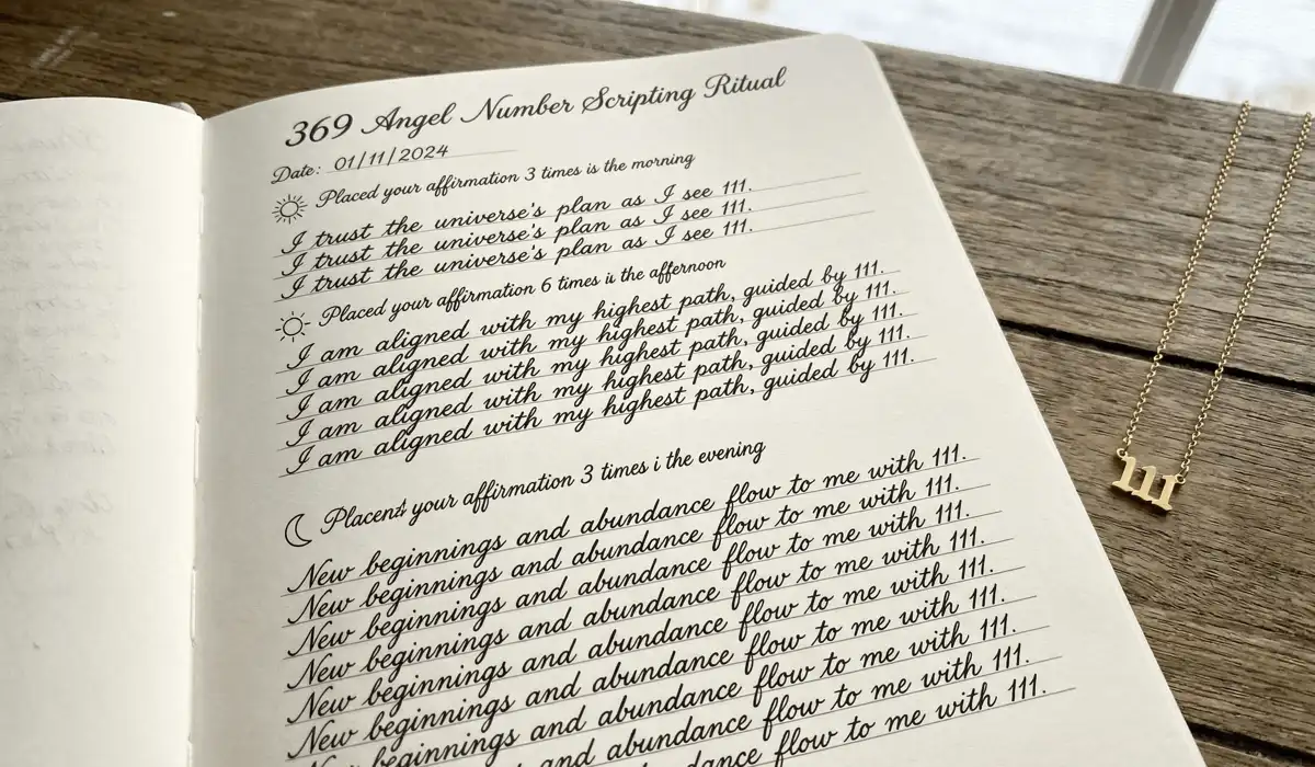 How to Use Angel Numbers in Your Journaling and Scripting Practice 1 - Buddha Bodhis A close-up of a manifestation journal showing the 369 method and angel number 111 affirmations.