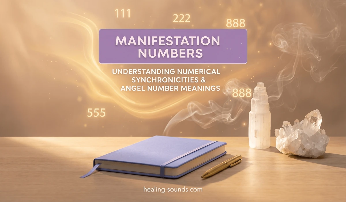 How to Use Angel Numbers in Your Journaling and Scripting Practice - Buddha Bodhis A sacred scripting space featuring a periwinkle journal, crystals, and incense for angel number manifestation.