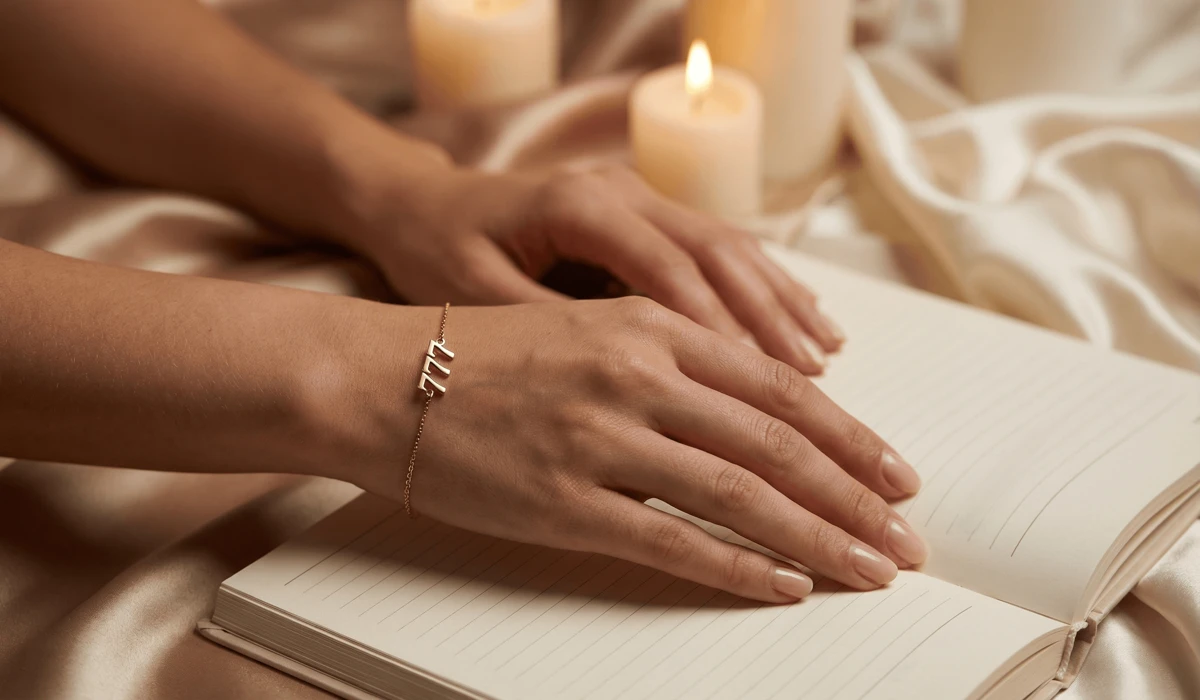 How to Use Angel Numbers in Your Journaling and Scripting Practice 3 - Buddha Bodhis Close-up of a person wearing a 777 angel number bracelet while journaling for divine alignment.
