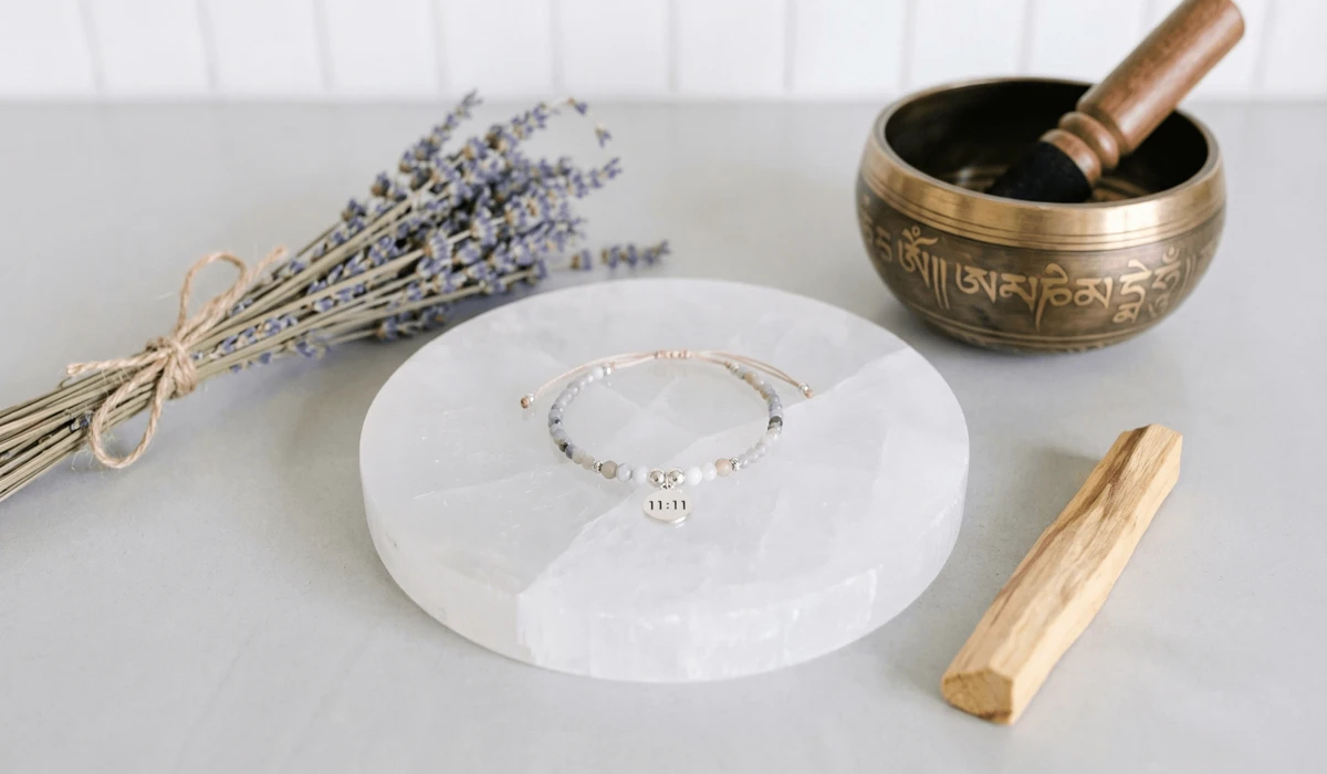 The Meaning of 11:11 Wish Bracelets: Angel Numbers, Manifestation, and Spiritual Significance 4 - Buddha Bodhis An 11:11 wish bracelet being cleansed on a selenite charging plate with palo santo and a singing bowl.