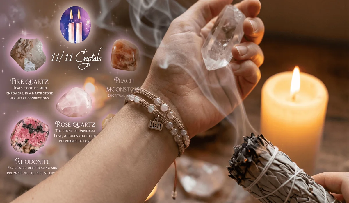 The Meaning of 11:11 Wish Bracelets: Angel Numbers, Manifestation, and Spiritual Significance 2 - Buddha Bodhis A person wearing an 11:11 bracelet during a manifestation ritual with sage smoke and clear quartz crystal.