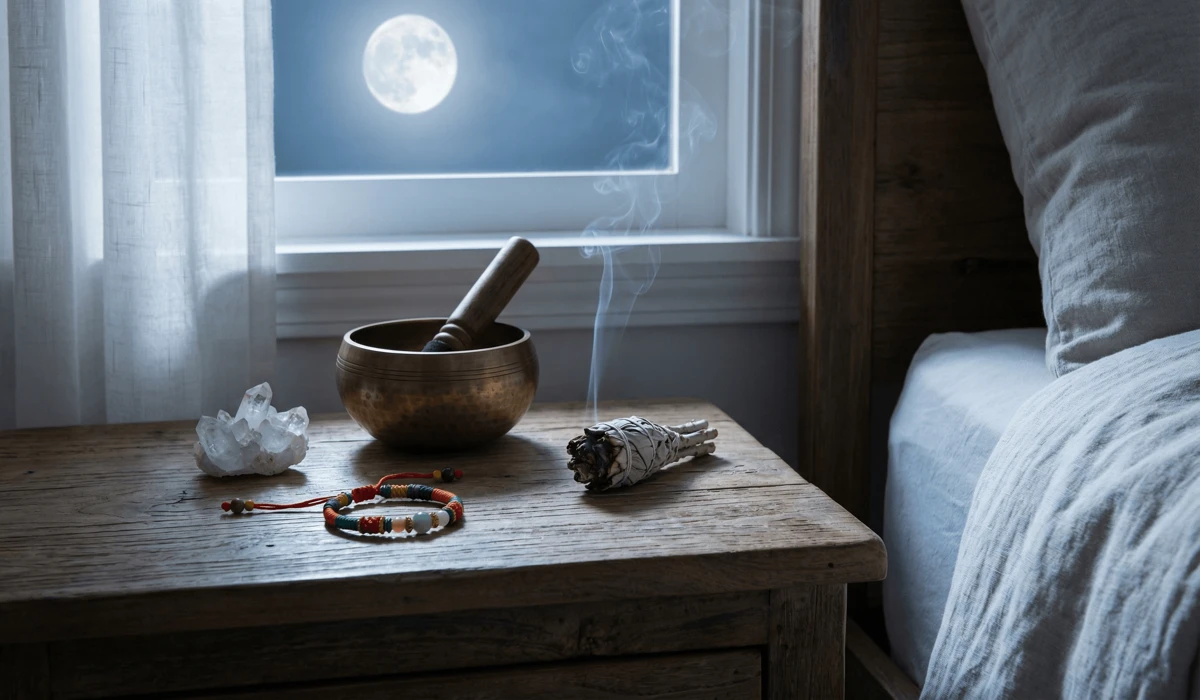 Can You Sleep with a Tibetan Bracelet On? Meaning, Rules, and Spiritual Protection 5 - Buddha Bodhis Cleansing a Tibetan protection bracelet with sage smoke and moonlight on a bedside table.