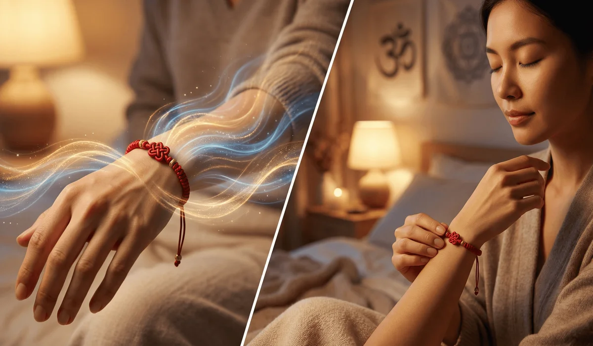 Can You Sleep with a Tibetan Bracelet On? Meaning, Rules, and Spiritual Protection 2 - Buddha Bodhis Infographic style image showing the spiritual meaning of wearing a Tibetan bracelet on the left hand for receiving blessings.