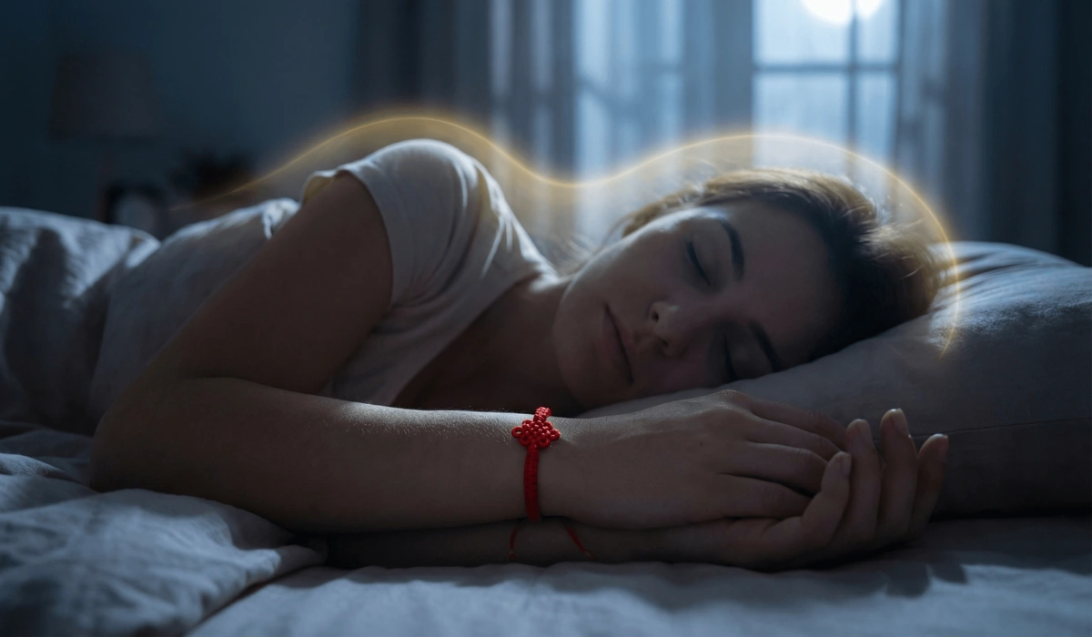 Can You Sleep with a Tibetan Bracelet On? Meaning, Rules, and Spiritual Protection - Buddha Bodhis A person sleeping peacefully while wearing a red Tibetan string bracelet for spiritual protection during sleep.