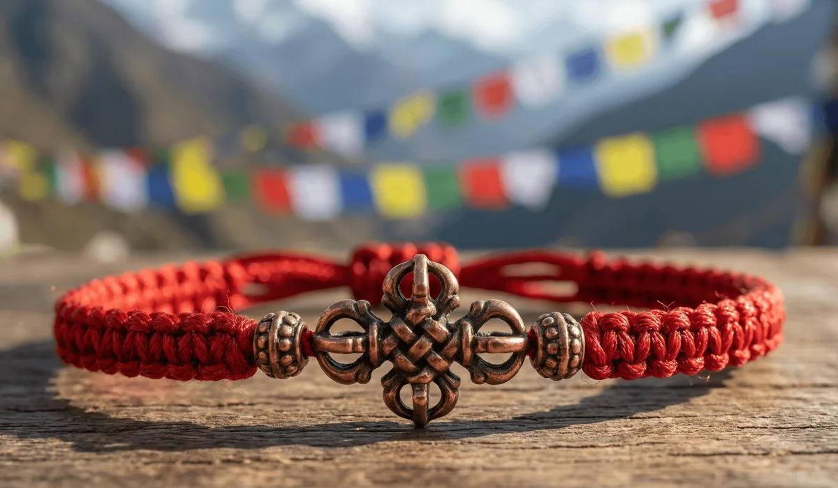 Can You Sleep with a Tibetan Bracelet On? Meaning, Rules, and Spiritual Protection 1 - Buddha Bodhis Detailed view of a Tibetan red string bracelet with copper beads and sacred Vajra knots for grounding and chakra balance.