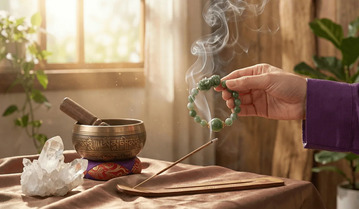 Tibetan Protection Bracelets for Safe Travel and Spiritual Peace 4 - Buddha Bodhis Cleansing a Tibetan protection bracelet with incense smoke and crystals to refresh its spiritual energy.