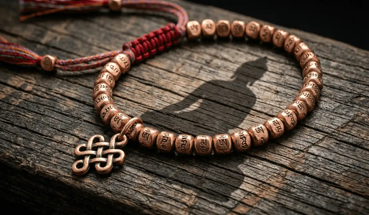 Tibetan Protection Bracelets for Safe Travel and Spiritual Peace 1 - Buddha Bodhis Close-up of a Tibetan copper bead bracelet with sacred Buddhist symbols and mantras for travel protection.