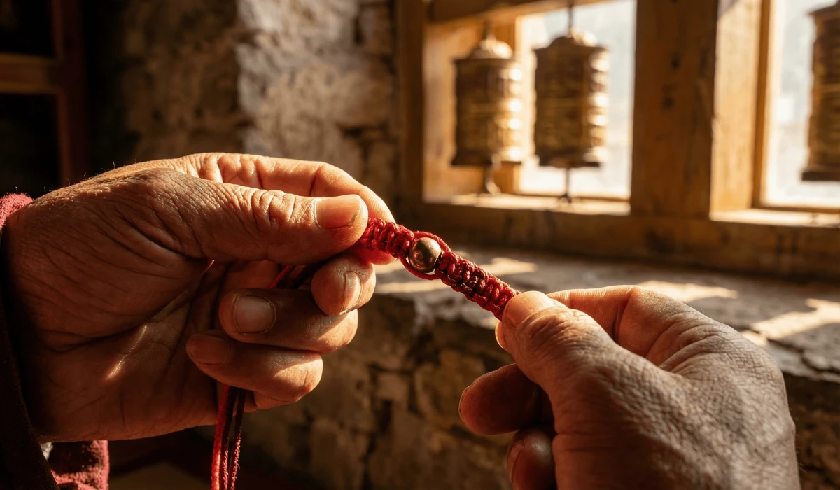 Tibetan Protection Bracelets for Safe Travel and Spiritual Peace - Buddha Bodhis A Tibetan artisan hand-weaving a red protection bracelet with intricate knots in a traditional Himalayan monastery setting.