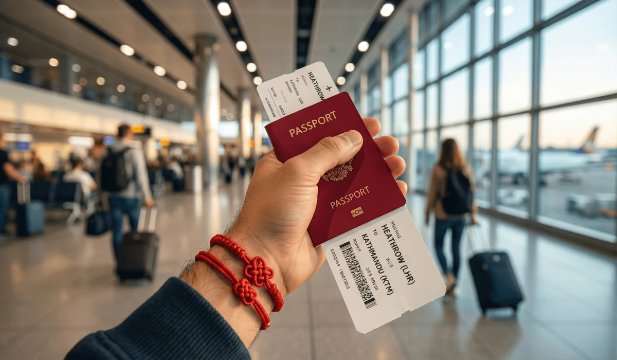 Tibetan Protection Bracelets for Safe Travel and Spiritual Peace 2 - Buddha Bodhis A traveler wearing a Tibetan red string bracelet on their left wrist at an airport for grounding and protection.