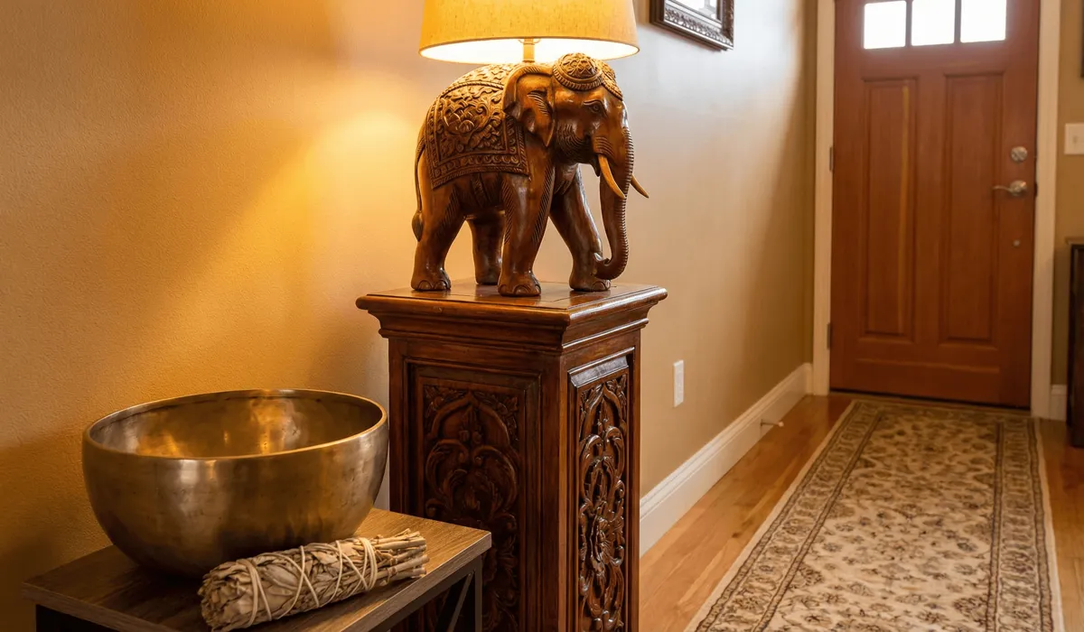 The Spiritual Meaning and Benefits of Elephant Statues in Home Decor 3 - Buddha Bodhis Proper placement of an elephant statue on a pedestal facing the entrance to welcome luck and protect the home energy.