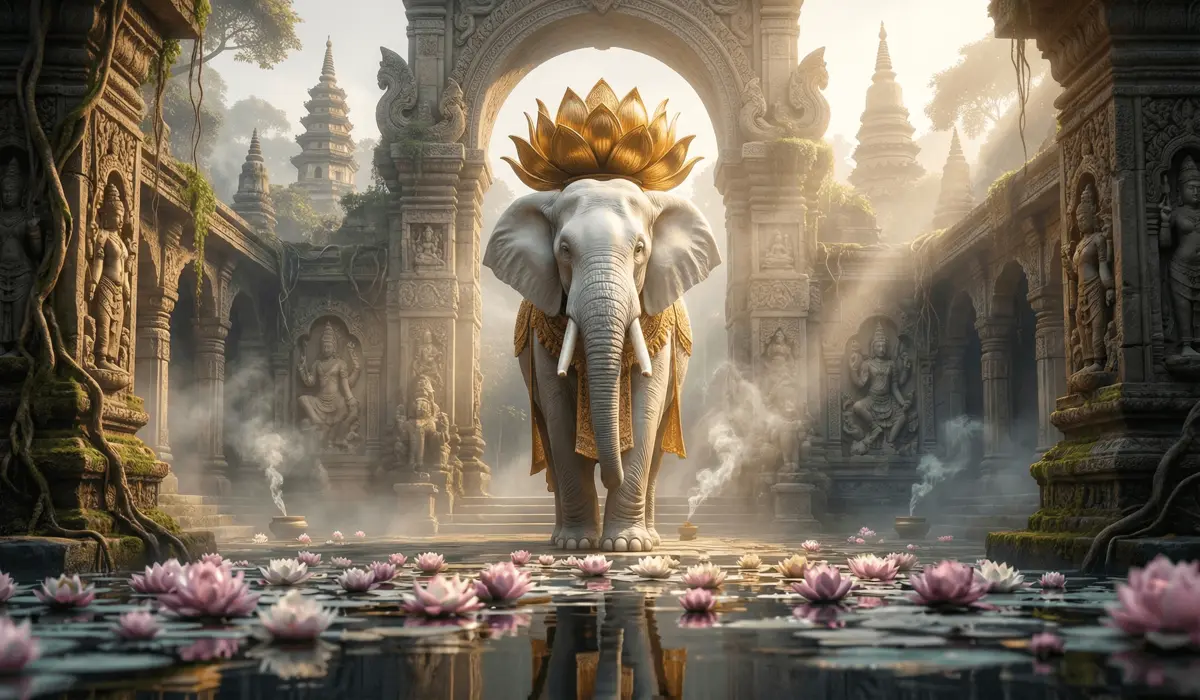 The Spiritual Meaning and Benefits of Elephant Statues in Home Decor - Buddha Bodhis Ancient white elephant statue with a lotus flower representing Buddhist and Vedic sacred legends of protection and wisdom.