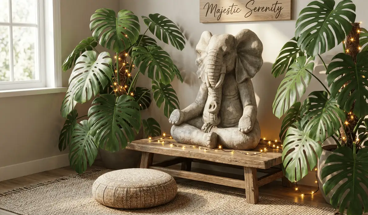 The Spiritual Meaning and Benefits of Elephant Statues in Home Decor 2 - Buddha Bodhis A peaceful Zen home decor setup with an elephant statue and indoor plants to help lower anxiety and cortisol levels.